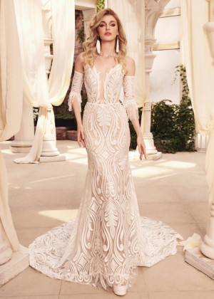 Beaded Lace Tulle Bohemian Wedding Dress With Detachable Sleeves